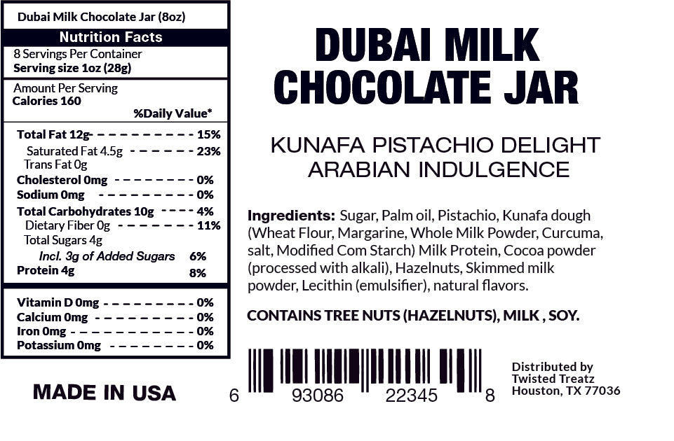 Dubai Chocolate In a Jar - Pistachio Kunafa Crunchy Delight, Sweet, Chocolate Arabian Indulgence - 8 OZ (226g) Jar